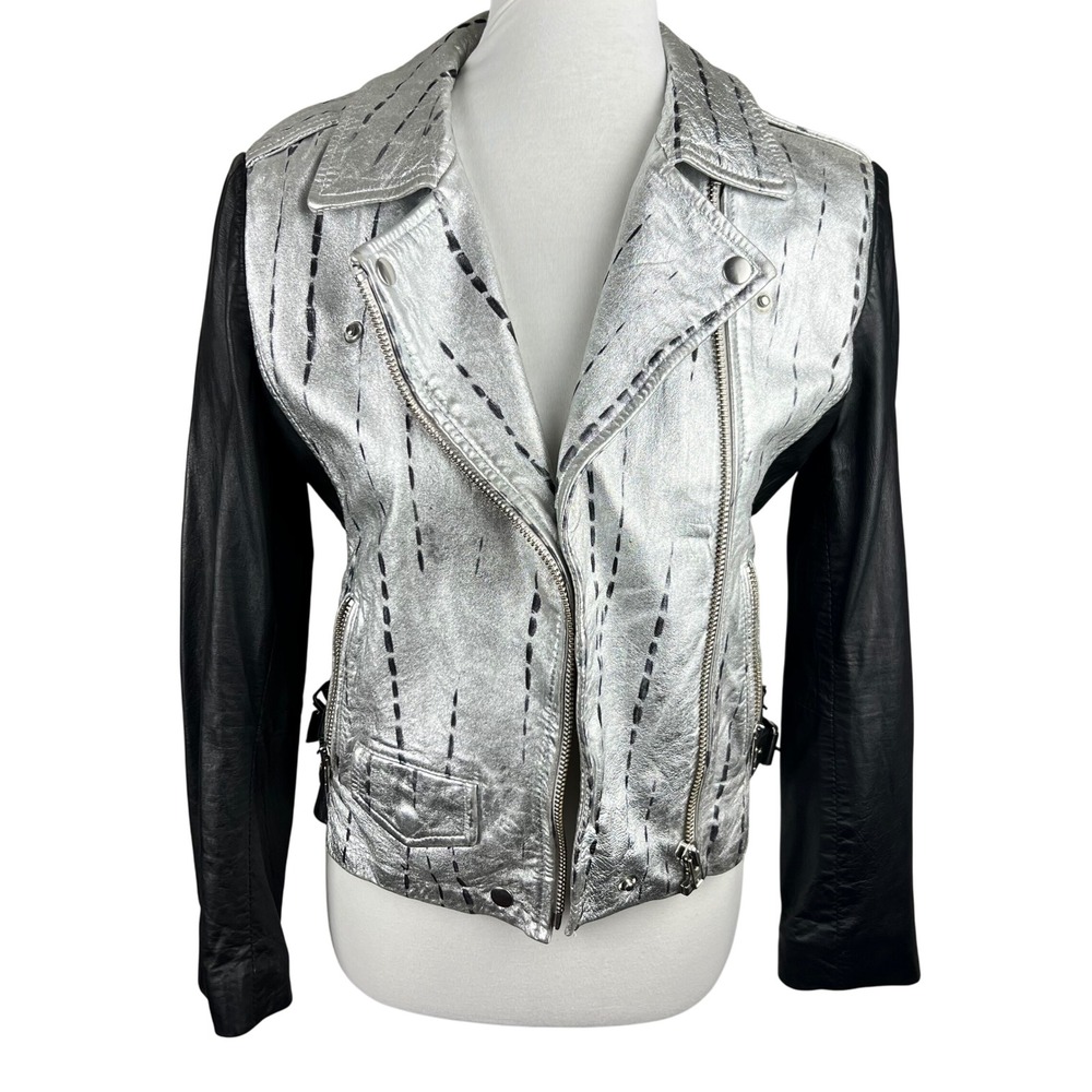 OAK Leather Moto Jacket Silver Metallic & Black Biker Edgy Streetwear Size Small